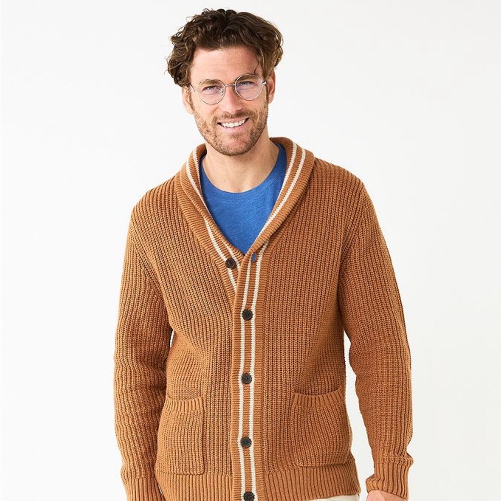 Sonoma Men's Brown Cardigan White Trim buttons pockets preppy grandpacore